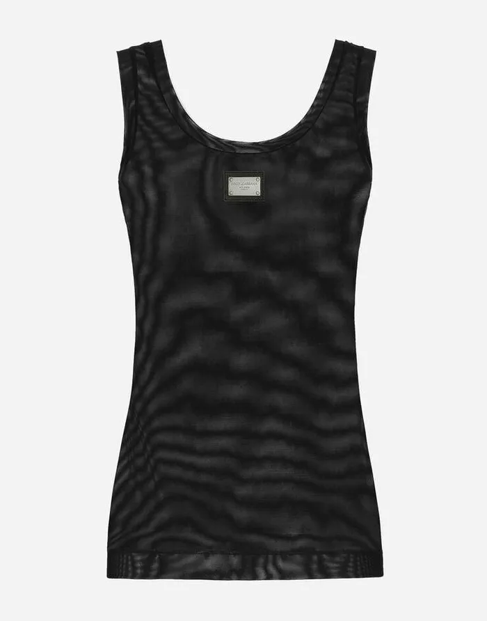 Dolce and Gabbana TShirts And Sweatshirts Women Light Tulle Vest Top With DolceandGabbana Logo Tag Black Dolce and Gabbana TShirts And Sweatshirts Women Light Tulle Vest Top With DolceandGabbana Logo Tag Black