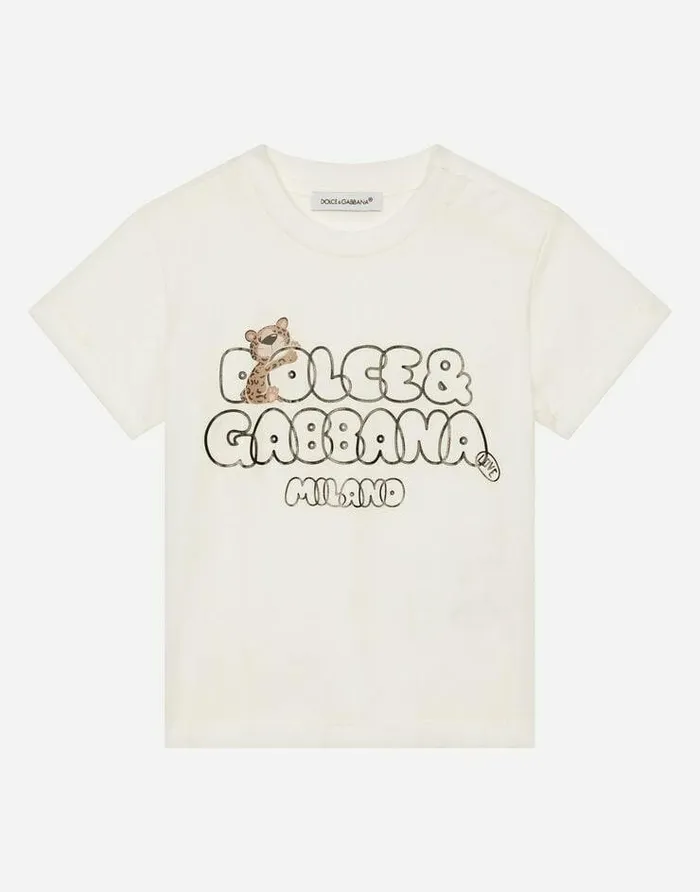 Dolce and Gabbana Topwear Children Jersey Tshirt With Baby Leopard Logo Print White Dolce and Gabbana Topwear Children Jersey Tshirt With Baby Leopard Logo Print White
