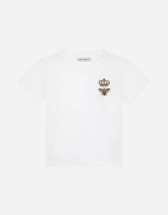 Dolce and Gabbana Topwear Children Jersey Tshirt With Bee Embroidery White