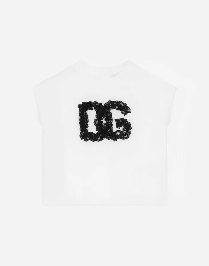 Dolce and Gabbana Topwear Children Jersey Tshirt With Lace Patch White