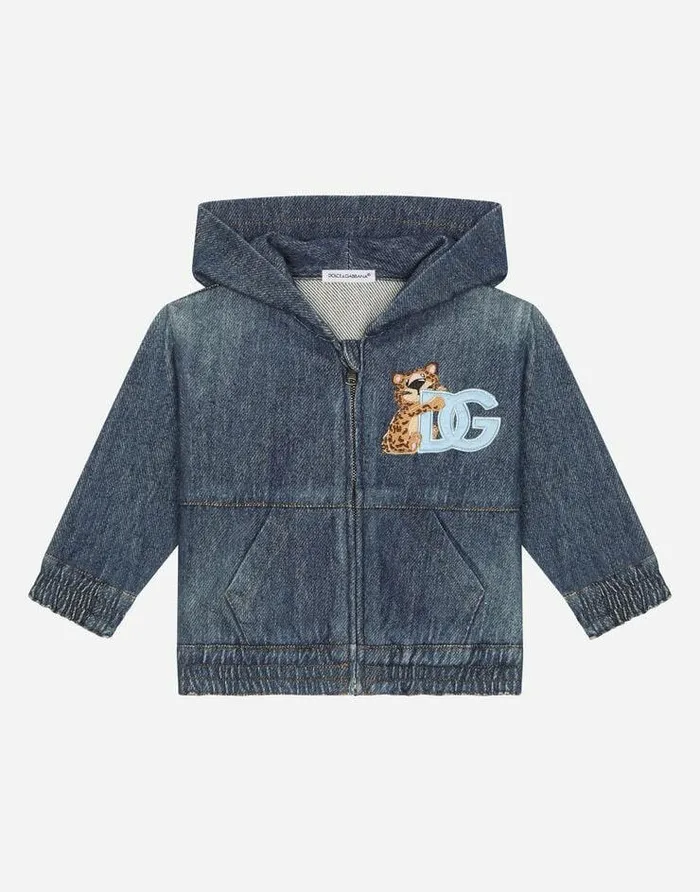 Dolce and Gabbana Topwear Children Zipup Stretch Jersey Denim Hoodie Blue