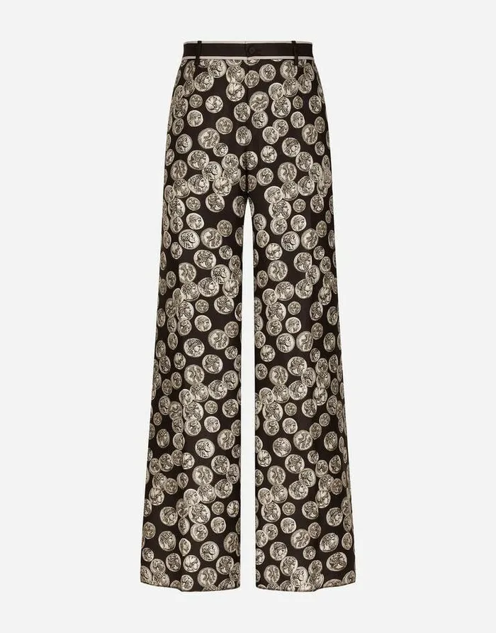 Dolce and Gabbana Trousers And Shorts Men Coin Print Wide Leg Silk Pants Black Dolce and Gabbana Trousers And Shorts Men Coin Print Wide Leg Silk Pants Black