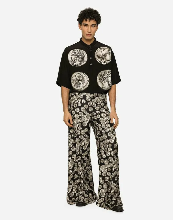 Dolce and Gabbana Trousers And Shorts Men Coin Print Wide Leg Silk Pants Black Dolce and Gabbana Trousers And Shorts Men Coin Print Wide Leg Silk Pants Black