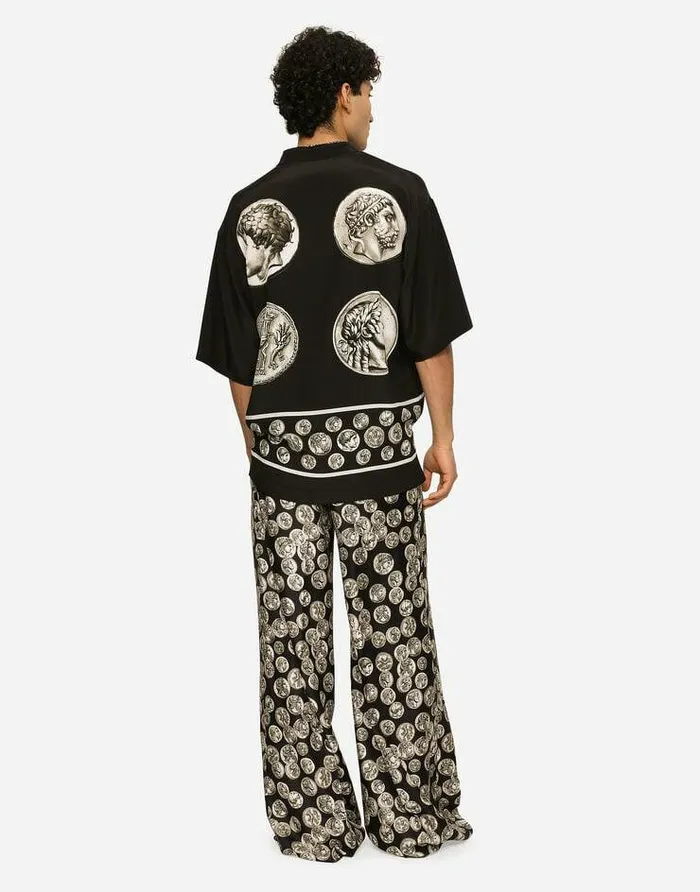 Dolce and Gabbana Trousers And Shorts Men Coin Print Wide Leg Silk Pants Black Dolce and Gabbana Trousers And Shorts Men Coin Print Wide Leg Silk Pants Black