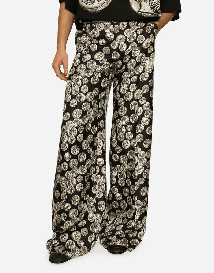 Dolce and Gabbana Trousers And Shorts Men Coin Print Wide Leg Silk Pants Black Dolce and Gabbana Trousers And Shorts Men Coin Print Wide Leg Silk Pants Black