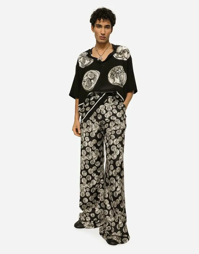 Dolce and Gabbana Trousers And Shorts Men Coin Print Wide Leg Silk Pants Black Dolce and Gabbana Trousers And Shorts Men Coin Print Wide Leg Silk Pants Black