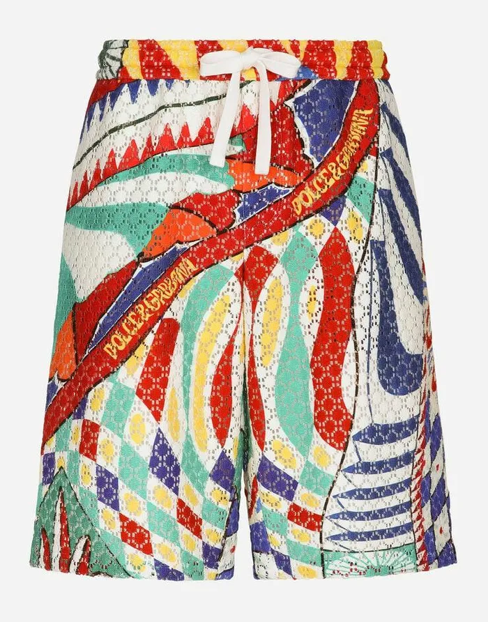 Dolce and Gabbana Trousers And Shorts Men Crochet Jogging Shorts With Carretto Print Multicolor Dolce and Gabbana Trousers And Shorts Men Crochet Jogging Shorts With Carretto Print Multicolor