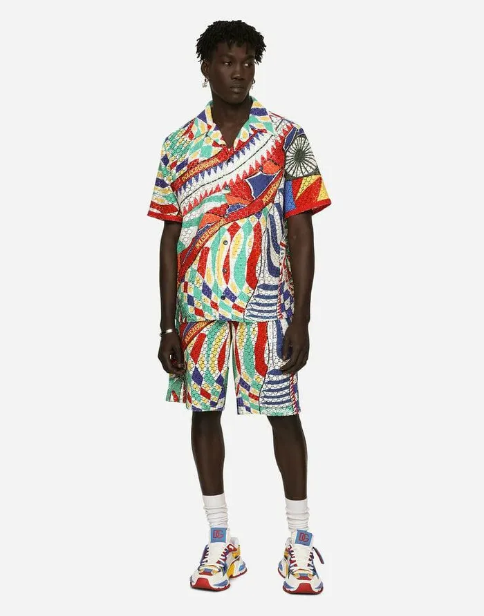 Dolce and Gabbana Trousers And Shorts Men Crochet Jogging Shorts With Carretto Print Multicolor Dolce and Gabbana Trousers And Shorts Men Crochet Jogging Shorts With Carretto Print Multicolor