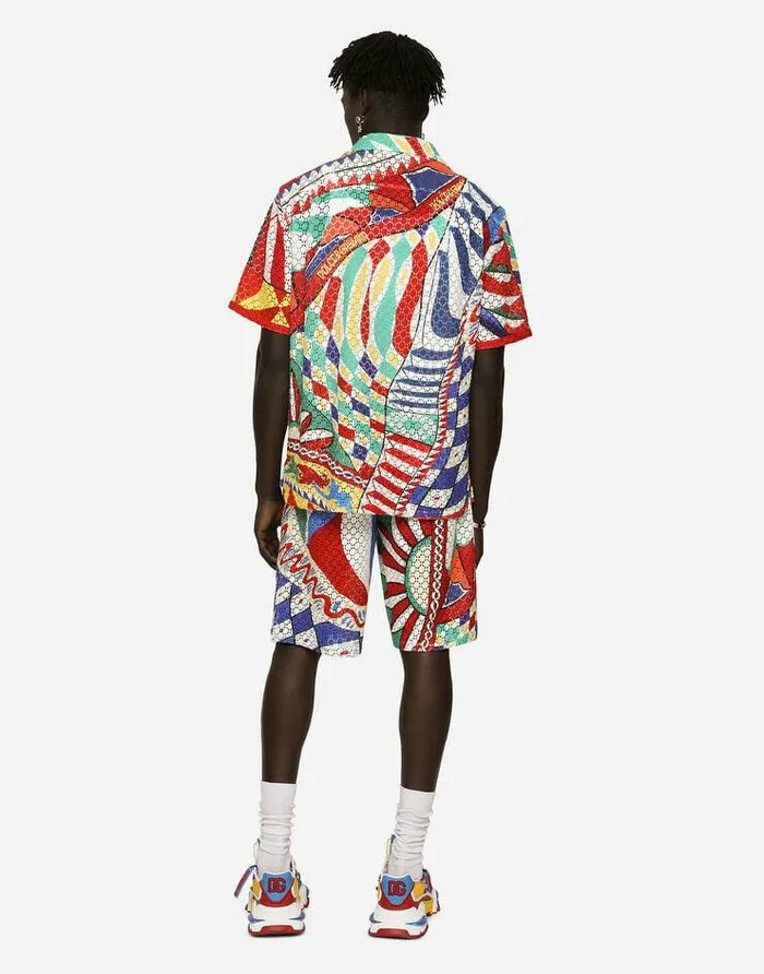 Dolce and Gabbana Trousers And Shorts Men Crochet Jogging Shorts With Carretto Print Multicolor Dolce and Gabbana Trousers And Shorts Men Crochet Jogging Shorts With Carretto Print Multicolor