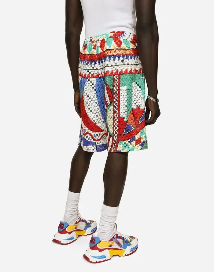 Dolce and Gabbana Trousers And Shorts Men Crochet Jogging Shorts With Carretto Print Multicolor Dolce and Gabbana Trousers And Shorts Men Crochet Jogging Shorts With Carretto Print Multicolor