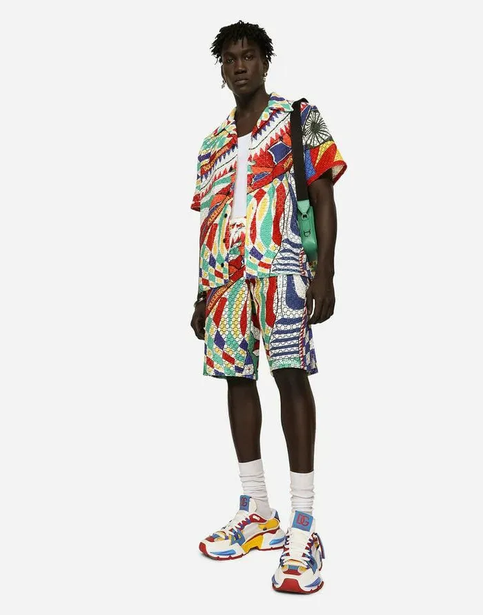 Dolce and Gabbana Trousers And Shorts Men Crochet Jogging Shorts With Carretto Print Multicolor Dolce and Gabbana Trousers And Shorts Men Crochet Jogging Shorts With Carretto Print Multicolor