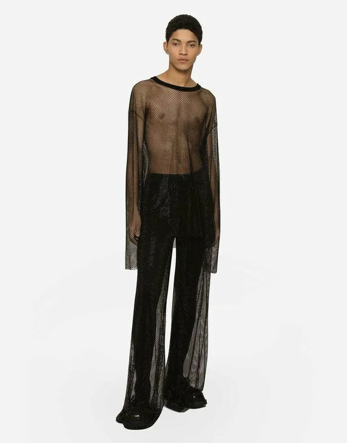 Dolce and Gabbana Trousers And Shorts Men Wideleg Mesh Pants With Crystals Black Dolce and Gabbana Trousers And Shorts Men Wideleg Mesh Pants With Crystals Black