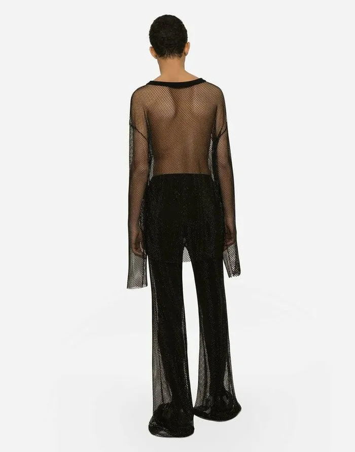 Dolce and Gabbana Trousers And Shorts Men Wideleg Mesh Pants With Crystals Black Dolce and Gabbana Trousers And Shorts Men Wideleg Mesh Pants With Crystals Black