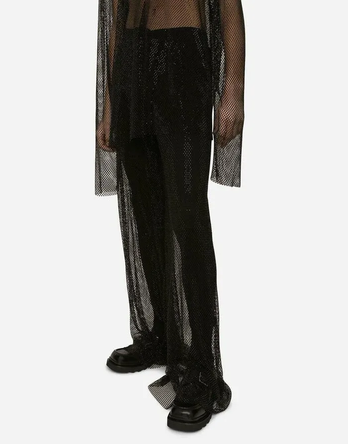 Dolce and Gabbana Trousers And Shorts Men Wideleg Mesh Pants With Crystals Black Dolce and Gabbana Trousers And Shorts Men Wideleg Mesh Pants With Crystals Black