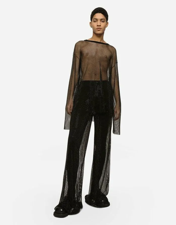 Dolce and Gabbana Trousers And Shorts Men Wideleg Mesh Pants With Crystals Black Dolce and Gabbana Trousers And Shorts Men Wideleg Mesh Pants With Crystals Black