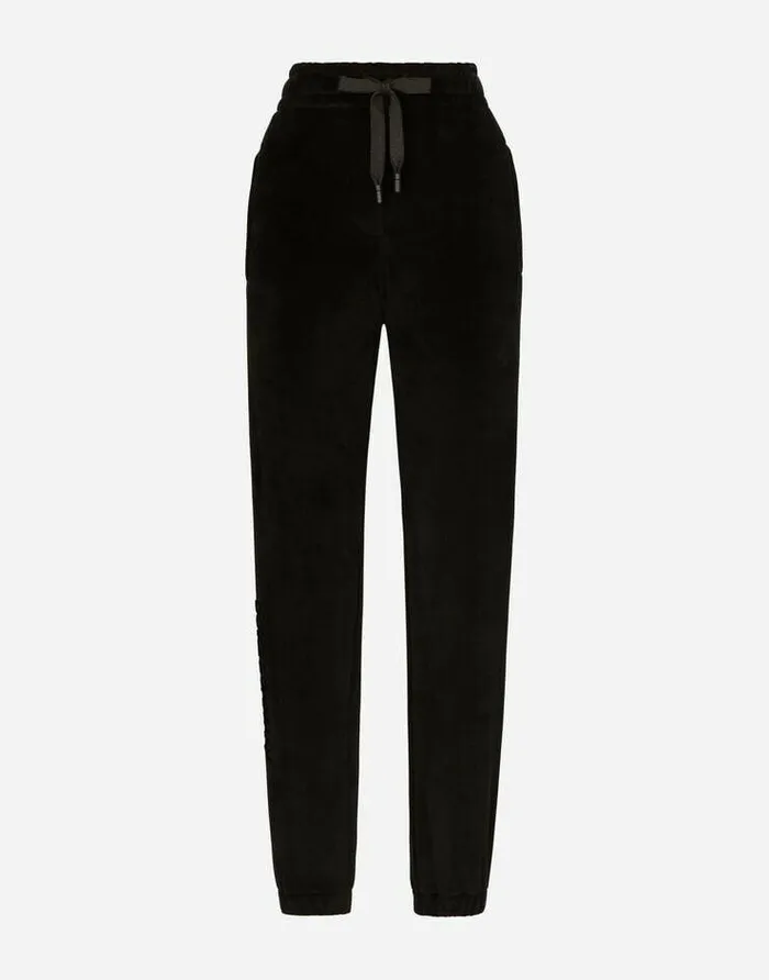 Dolce and Gabbana Trousers And Shorts Women Chenille Jogging Pants With DolceandGabbana Embroidery Black