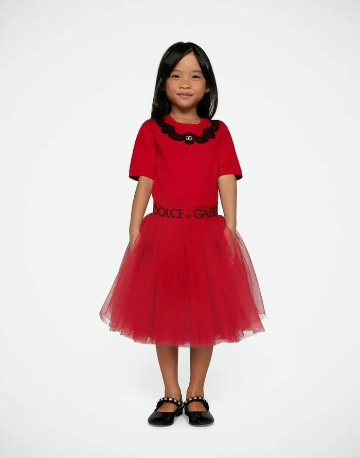 Dolce and Gabbana Trousers And Skirts Children Multilayered Tulle Midi Skirt With Branded Elastic Red Dolce and Gabbana Trousers And Skirts Children Multilayered Tulle Midi Skirt With Branded Elastic Red