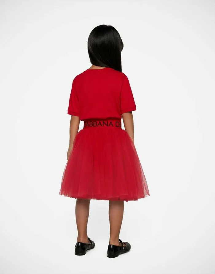 Dolce and Gabbana Trousers And Skirts Children Multilayered Tulle Midi Skirt With Branded Elastic Red Dolce and Gabbana Trousers And Skirts Children Multilayered Tulle Midi Skirt With Branded Elastic Red