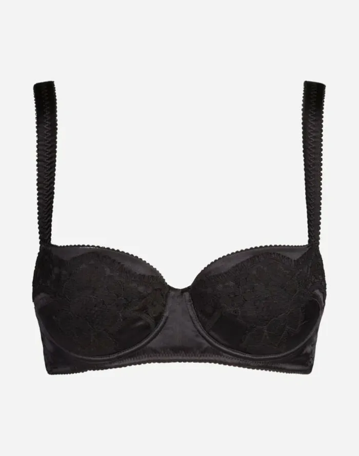 Dolce and Gabbana Underwear Women Padded Balcony Bra In Satin With Lace Black
