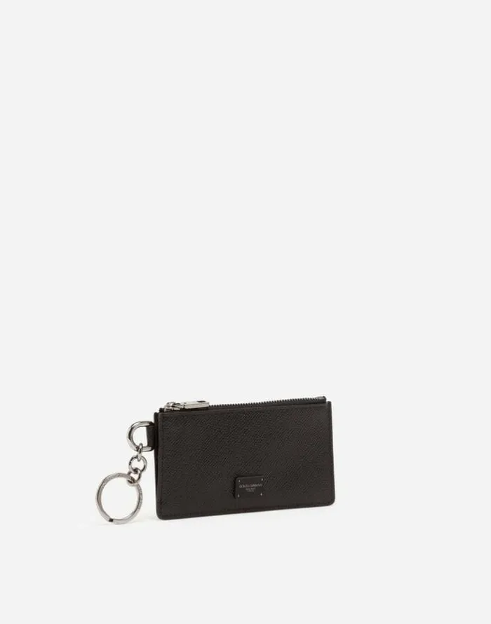 Dolce and Gabbana Wallets And Small Leather Goods Men Dauphine Calfskin Card Holder With Ring Branded Plate Black