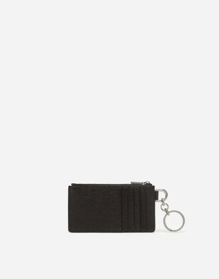 Dolce and Gabbana Wallets And Small Leather Goods Men Dauphine Calfskin Card Holder With Ring Branded Plate Black