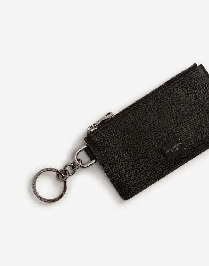 Dolce and Gabbana Wallets And Small Leather Goods Men Dauphine Calfskin Card Holder With Ring Branded Plate Black