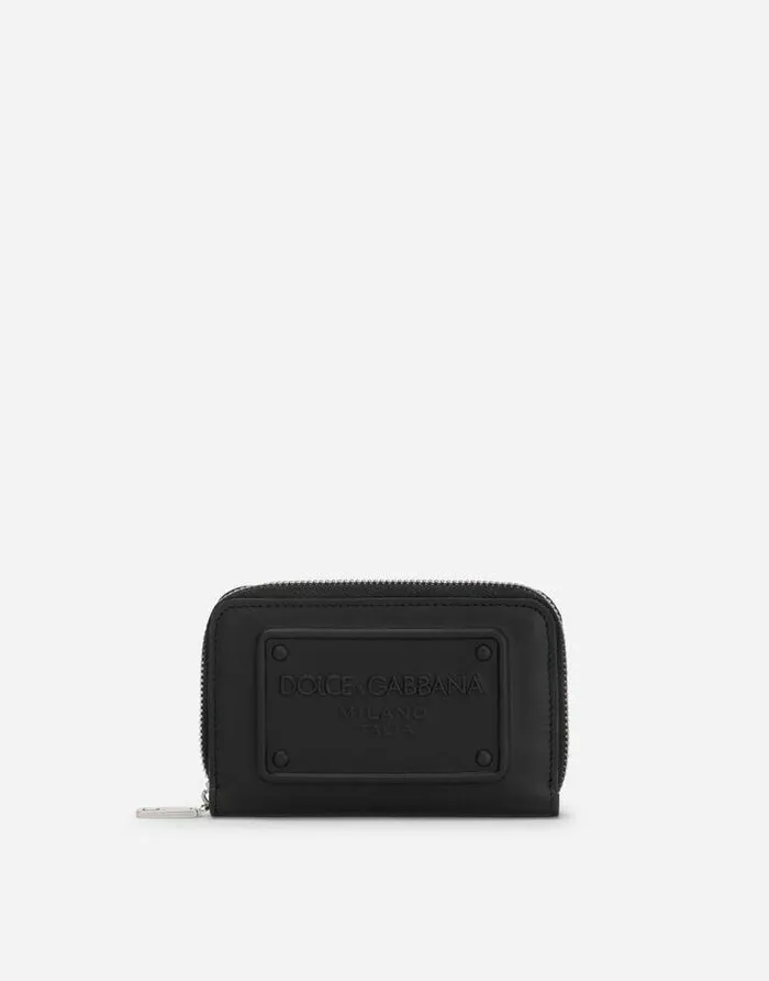 Dolce and Gabbana Wallets And Small Leather Goods Men Small Ziparound Wallet In Calfskin With Raised Logo Black