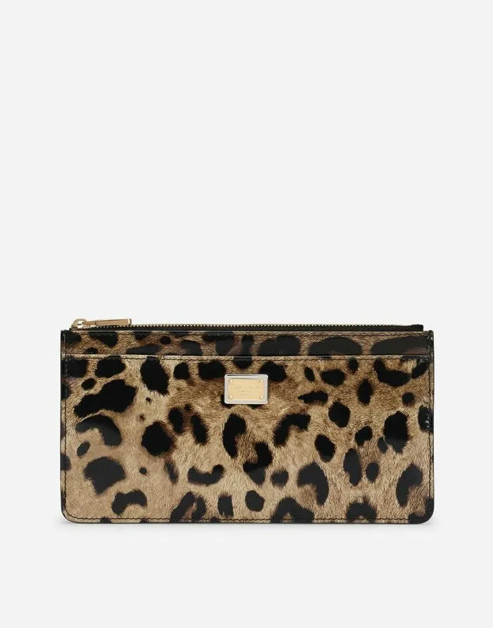 Dolce and Gabbana Wallets And Small Leather Goods Women Large Polished Calfskin Card Holder With Zipper And Leopard Print Animal Print