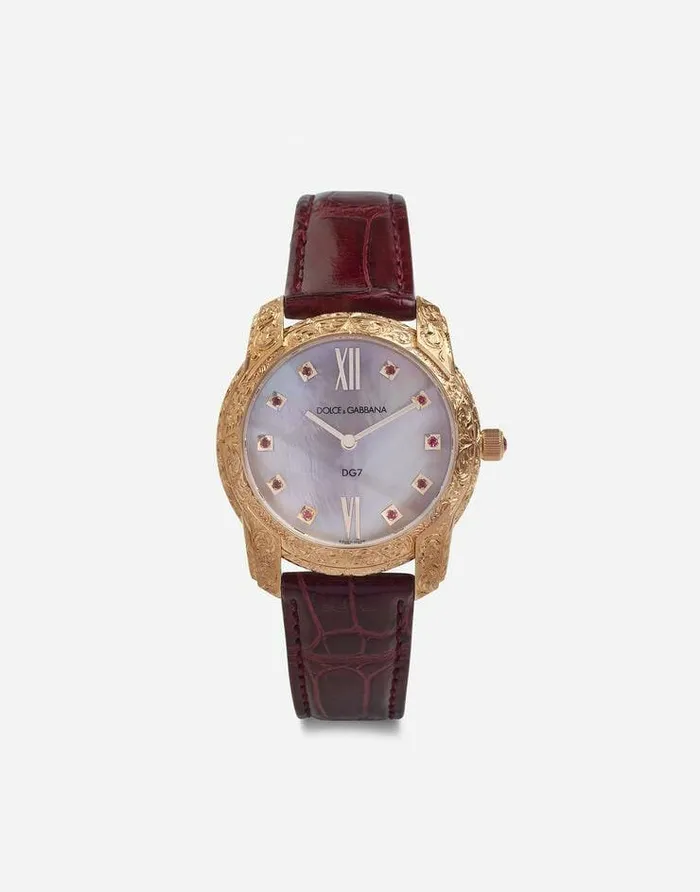Dolce and Gabbana WatchesandStraps Women DG7 Gattopardo Watch In Red Gold With Pink Mother Of Pearl And Rubies Bordeaux Dolce and Gabbana WatchesandStraps Women DG7 Gattopardo Watch In Red Gold With Pink Mother Of Pearl And Rubies Bordeaux