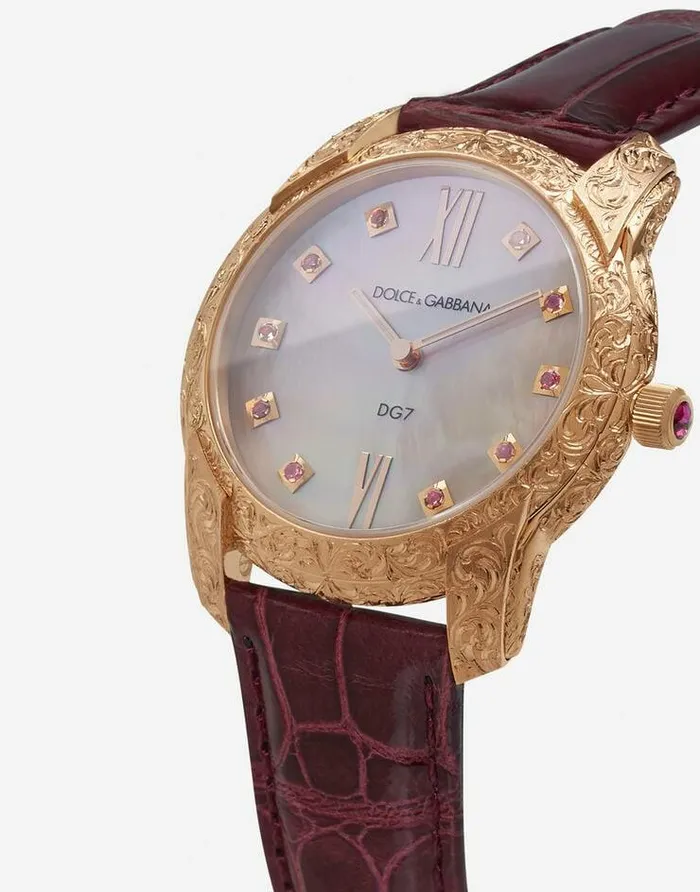 Dolce and Gabbana WatchesandStraps Women DG7 Gattopardo Watch In Red Gold With Pink Mother Of Pearl And Rubies Bordeaux Dolce and Gabbana WatchesandStraps Women DG7 Gattopardo Watch In Red Gold With Pink Mother Of Pearl And Rubies Bordeaux