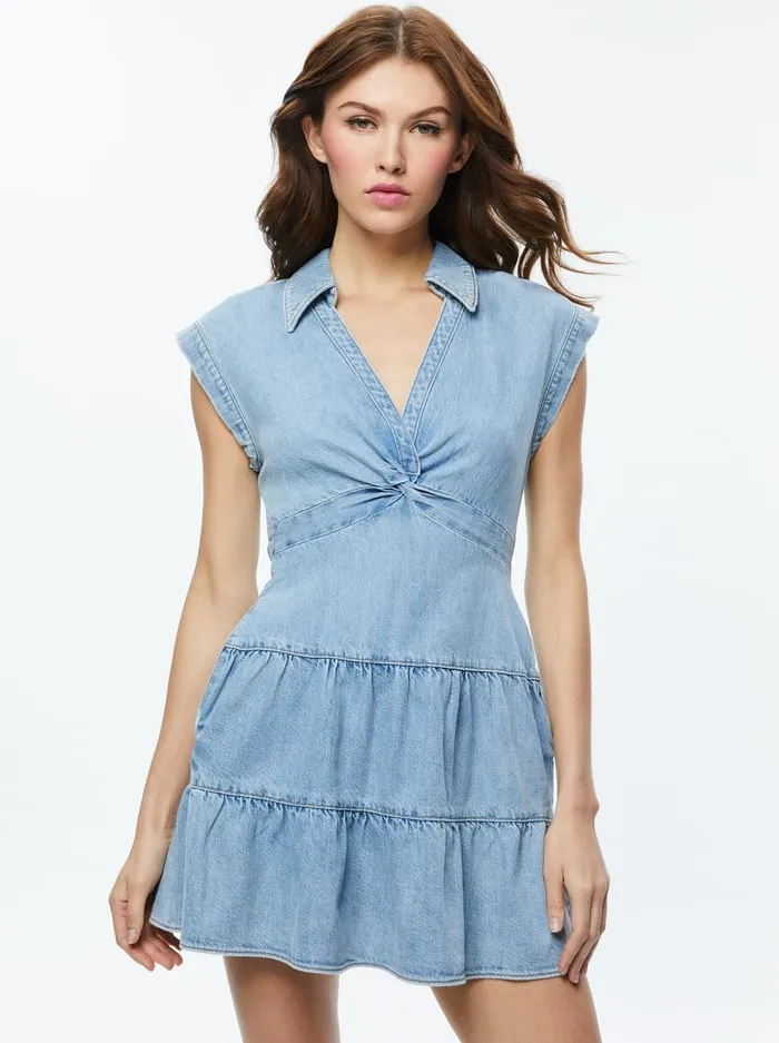 Dresses Women Alice Olivia Mila Denim Twist Front Mini Dress Leona Light Blue