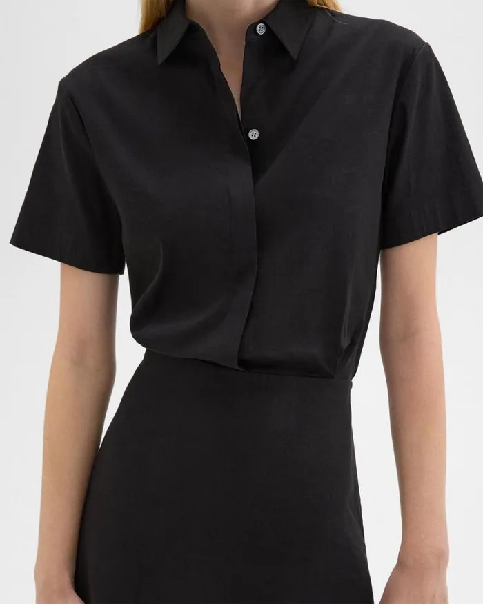 Dresses Women Theory ShortSleeve ALine Dress In Good Linen Black