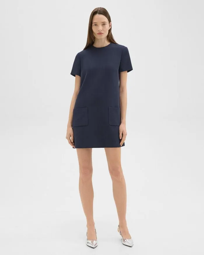 Dresses Women Theory ShortSleeve Mini Dress In Striped Admiral Crepe Nocturne Navy