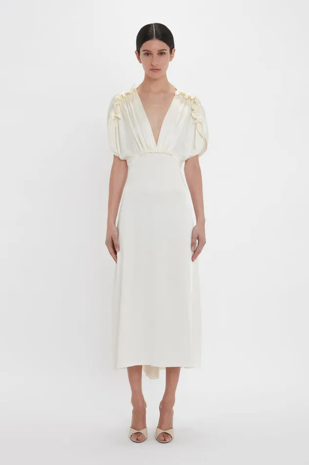 Dresses Women Victoria Beckham Exclusive VNeck Ruffle Midi Dress In Ivory