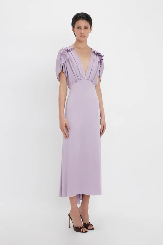 Dresses Women Victoria Beckham VNeck Ruffle Midi Dress In Petunia Dresses Women Victoria Beckham VNeck Ruffle Midi Dress In Petunia