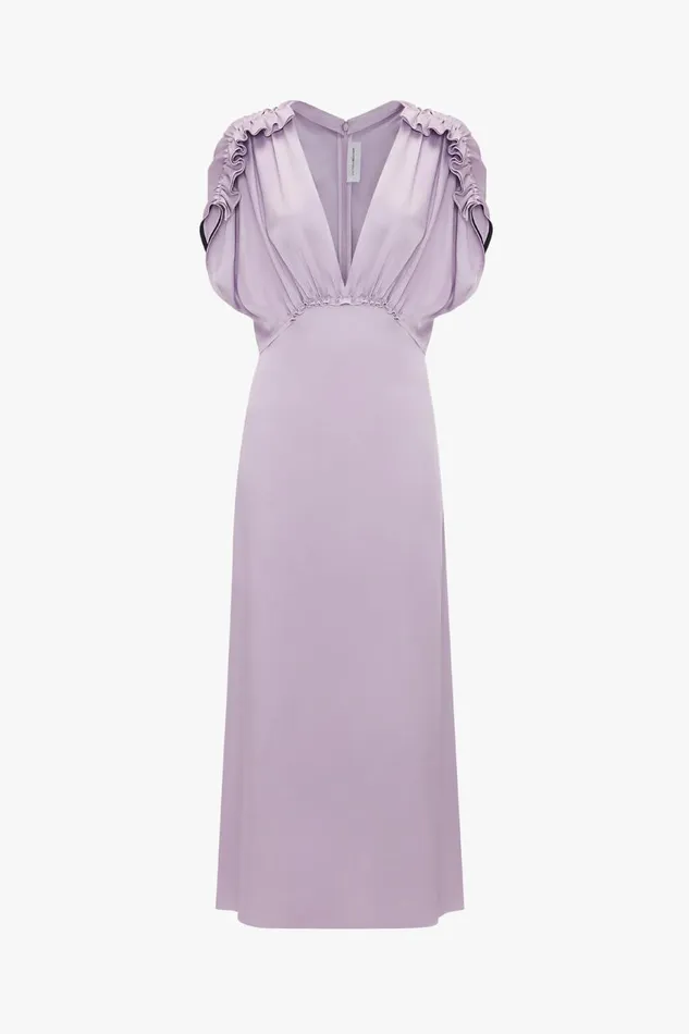 Dresses Women Victoria Beckham VNeck Ruffle Midi Dress In Petunia Dresses Women Victoria Beckham VNeck Ruffle Midi Dress In Petunia