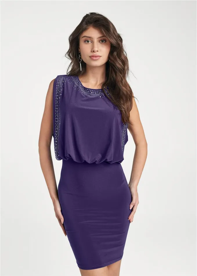 EMBELLISHED MINI DRESS Dark Purple Women VENUS Short Dresses