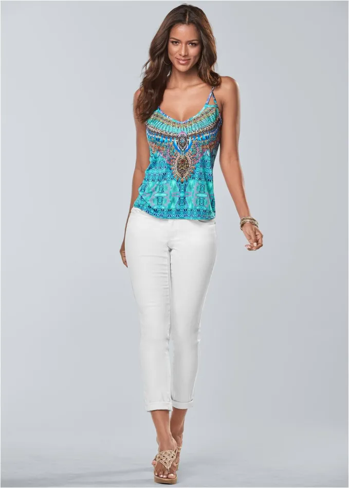 EMBELLISHED PRINT TANK TOP Blue Multi Women VENUS Casual Tops