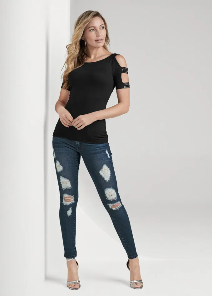 EMBELLISHED STRAPPY TOP Black Women VENUS Night Out Tops