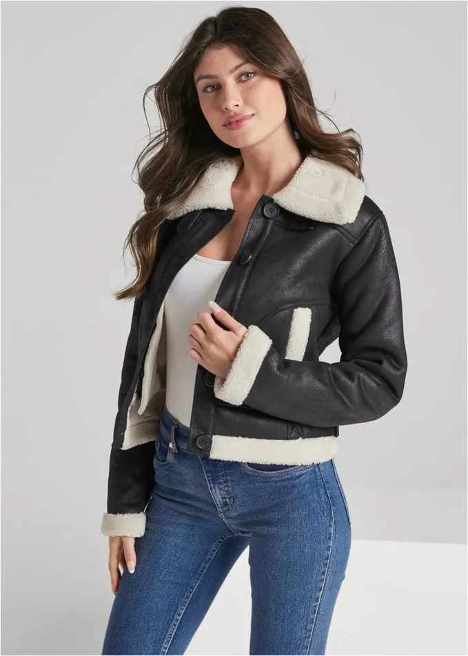 FAUXSUEDE BUTTONFRONT JACKET WITH FAUXFUR TRIM Black Women VENUS Coats