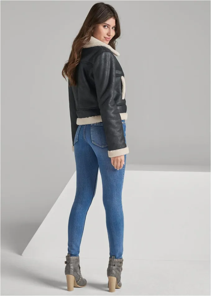 FAUXSUEDE BUTTONFRONT JACKET WITH FAUXFUR TRIM Black Women VENUS Coats