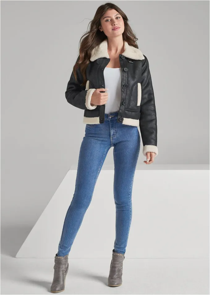 FAUXSUEDE BUTTONFRONT JACKET WITH FAUXFUR TRIM Black Women VENUS Coats