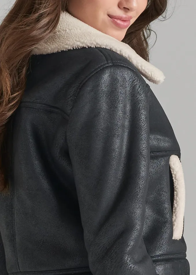 FAUXSUEDE BUTTONFRONT JACKET WITH FAUXFUR TRIM Black Women VENUS Coats