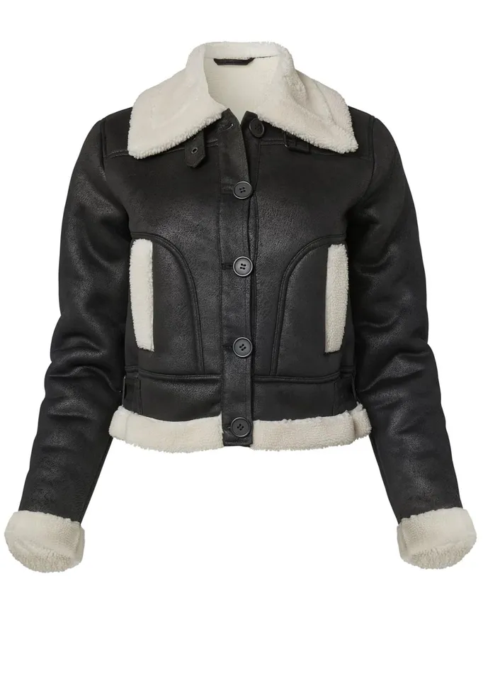 FAUXSUEDE BUTTONFRONT JACKET WITH FAUXFUR TRIM Black Women VENUS Coats