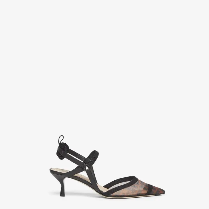 Fendi Colibr Colibr Lite Brown FF Mesh Mediumheeled Slingbacks 8211 Women