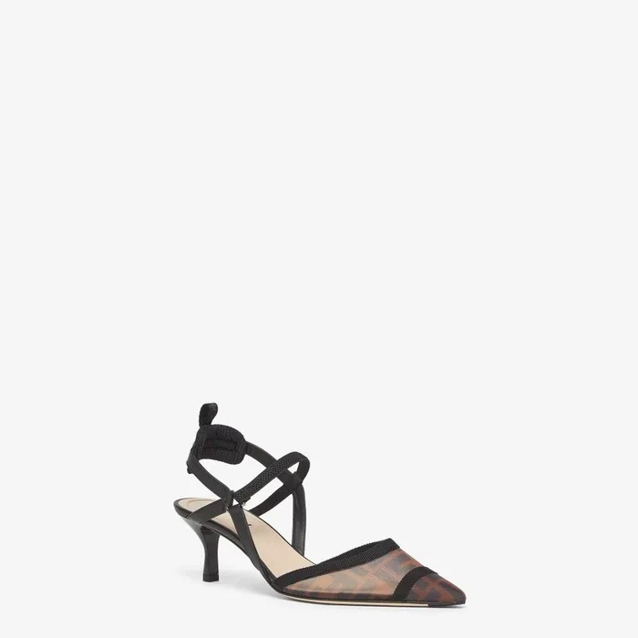 Fendi Colibr Colibr Lite Brown FF Mesh Mediumheeled Slingbacks 8211 Women