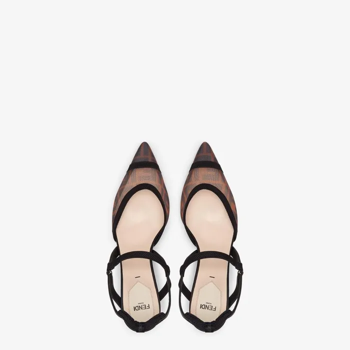 Fendi Colibr Colibr Lite Brown FF Mesh Mediumheeled Slingbacks 8211 Women