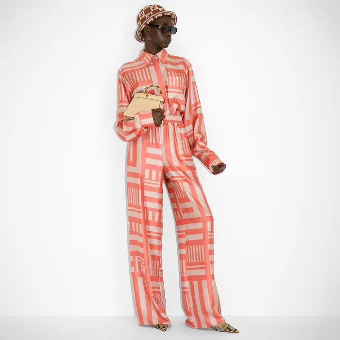 Fendi Coordinated Sets Pants Salmon Pink Printed Silk Pants 8211 Women