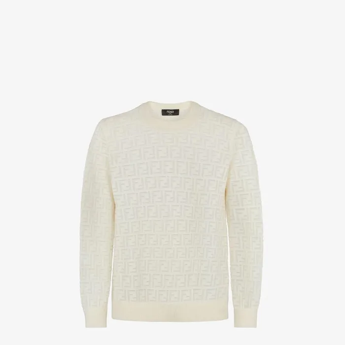 Fendi Knitwear Sweater White Wool And FF Nylon Pullover 8211 Men