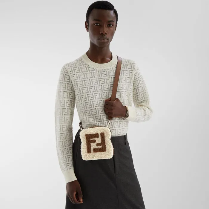 Fendi Knitwear Sweater White Wool And FF Nylon Pullover 8211 Men